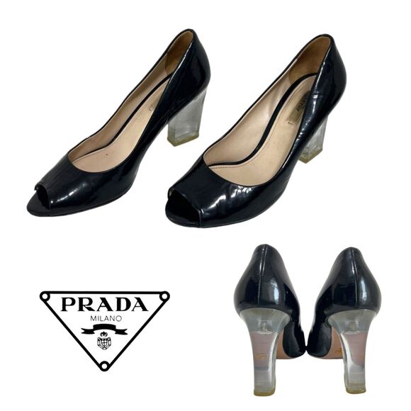 Prada Black Patent Leather Peep Toe 3" Lucite Block Heels, EU Size 37 or US 6.5 - Picture 1 of 12